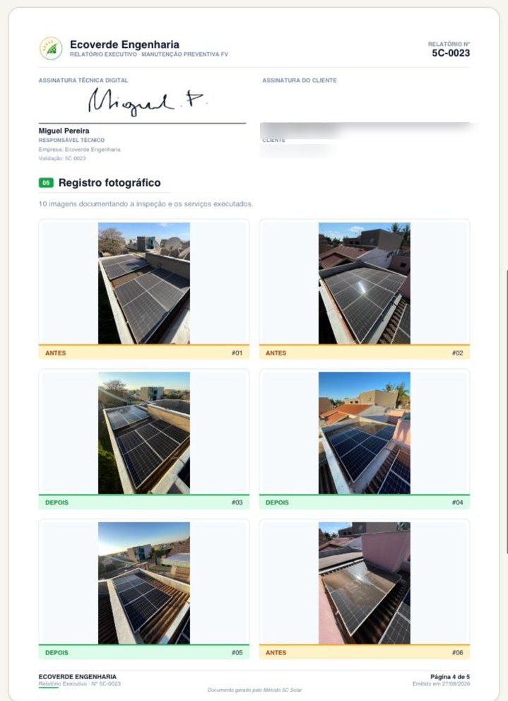Página do relatório com assinaturas e registro fotográfico antes e depois