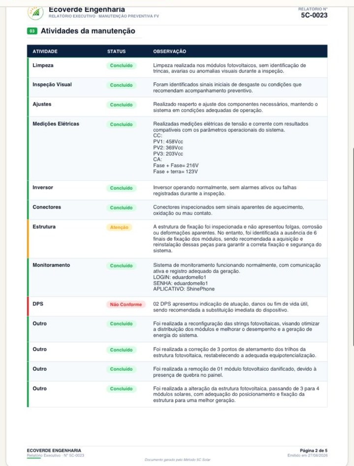 Página do relatório com atividades da manutenção, não conformidades e recomendações